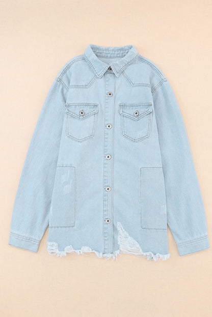 Sky Blue Flap Pocket Buttoned Raw Hem Denim Jacket