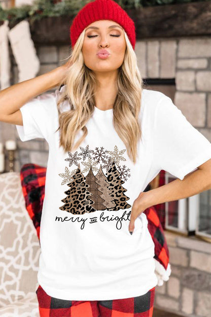 White Leopard Christmas Tree Graphic Crew Neck T Shirt