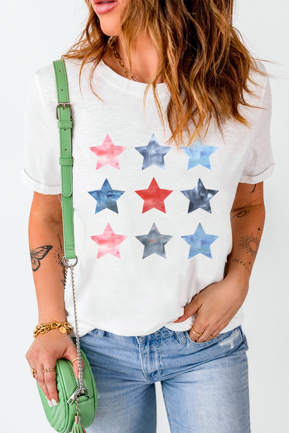 White Flag Day Stars Print Crew Neck T Shirt