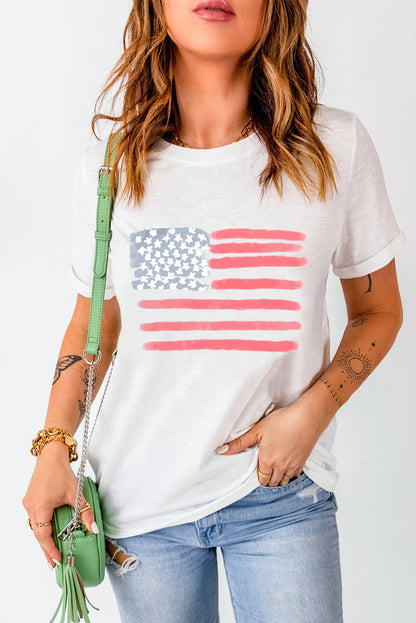 White American Flag Pattern Crew Neck Short Sleeve Tee