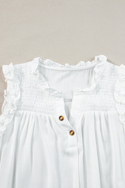 White Button Split Neck Ruffled Trim Tank Top