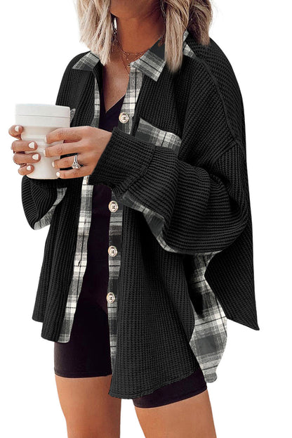 Black Plaid Patchwork Waffle Thermal Knit Shacket