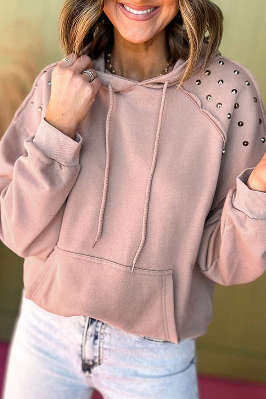 Fushia Solid Color Rivet Stud Raglan Sleeve Hoodie with Pocket