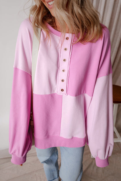 Pink Colorblock Henley High Low Oversize Sweatshirt