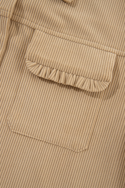 Light French Beige Solid Frilled Flap Pocket Button Up Corduroy Shacket