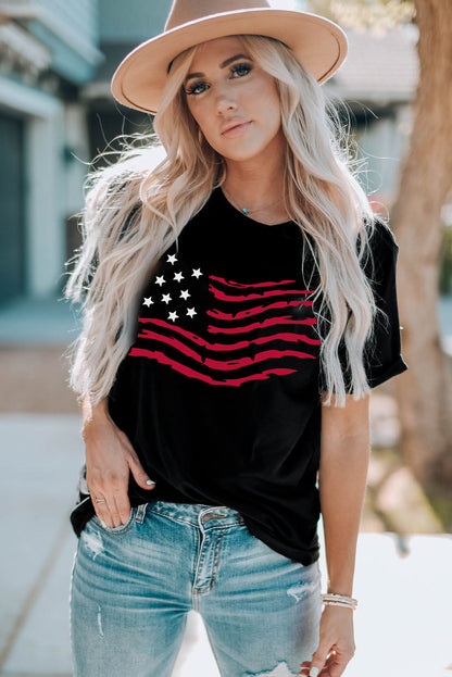 American Flag Print Black Crew Neck T-Shirt