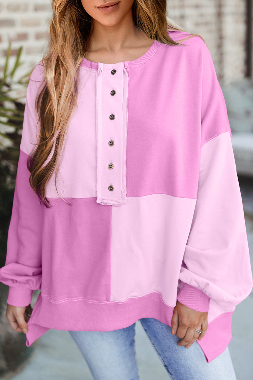 Pink Colorblock Henley High Low Oversize Sweatshirt