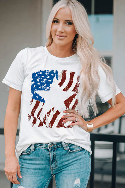 White American Flag Star Graphic Crew Neck T Shirt