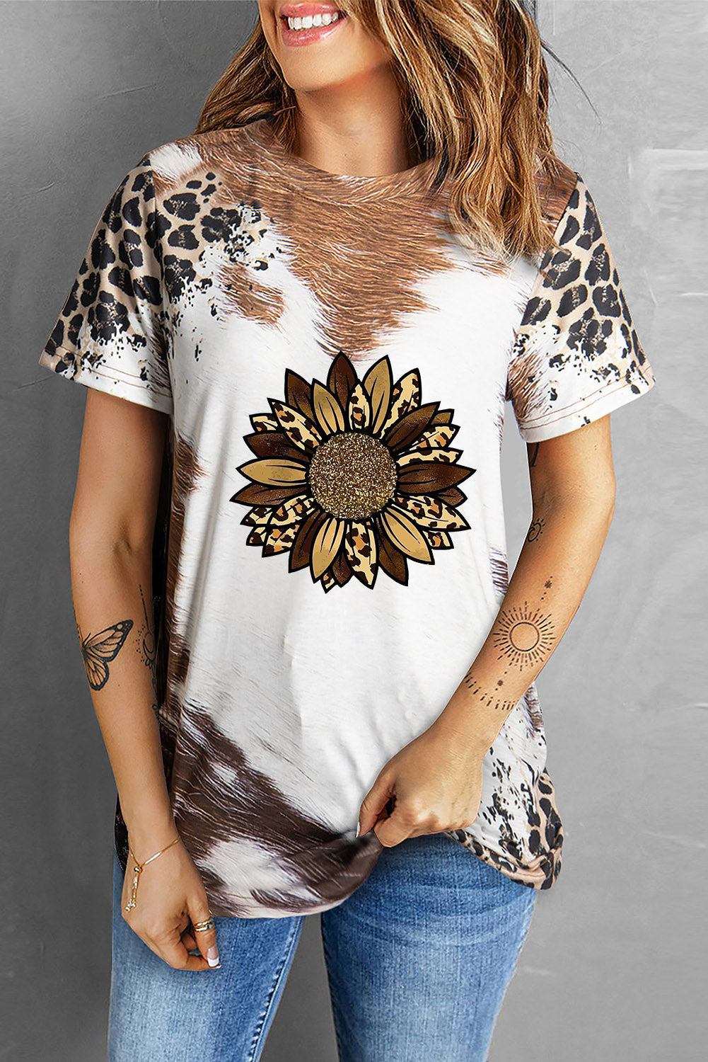 Chestnut Leopard Bleached Sunflower Graphic Crewneck T Shirt