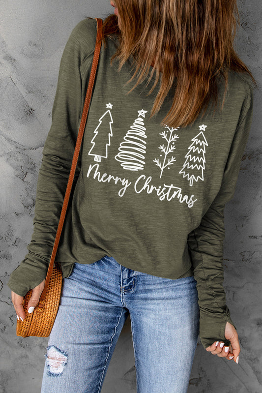 Green Merry Christmas Trees Thumbhole Sleeve T-Shirts