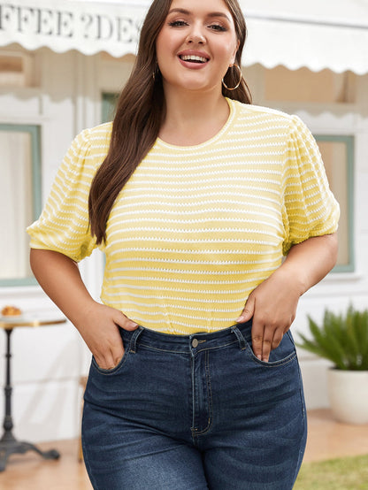 Yellow Stripe Short Puff Sleeve Plus Size Jumper