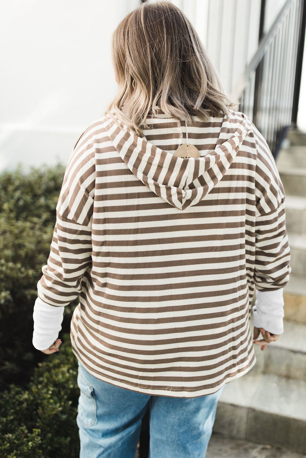 Brown Stripe Quarter Buttons Drop Sleeve Plus Size Hoodie