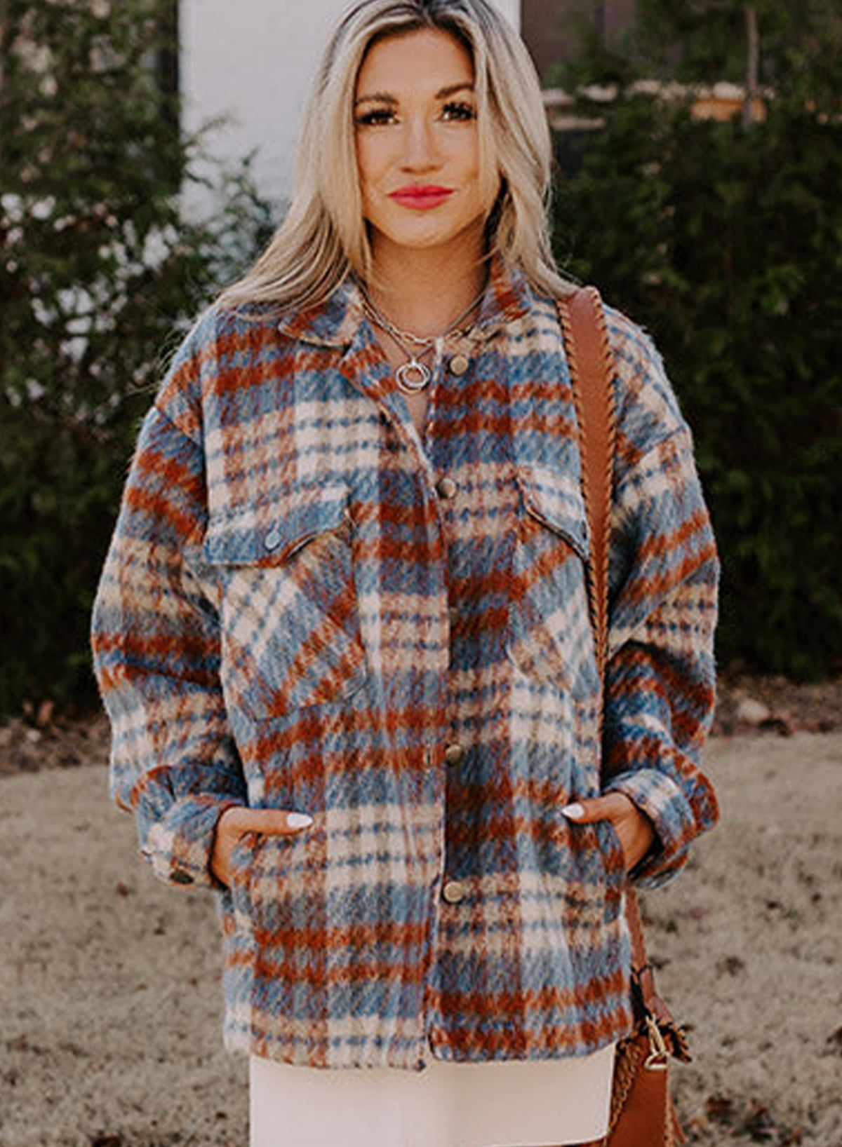 Cinnamon Plaid Print Chest Pockets Turn Down Collar Shacket