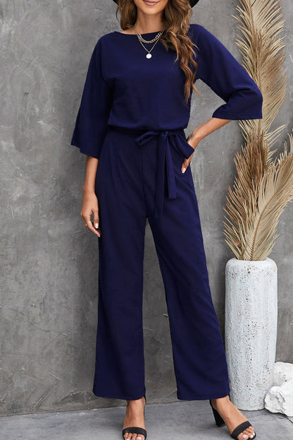 Solid High-necked Long-sleeved Casual Jumpsuit