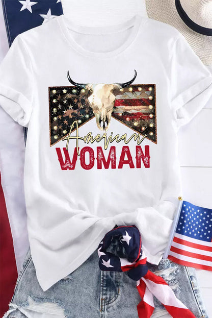 American Woman Bull Skull Print White Graphic Tee