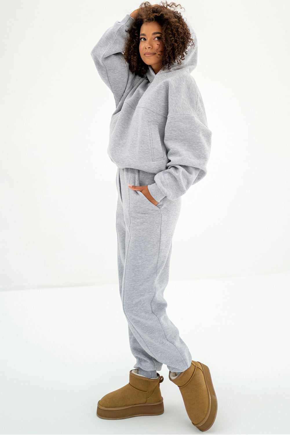 Gray Solid Exposed Seams Hoodie and Joggers Activewear Set