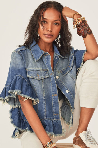 Peacock Blue Raw Edge Ruffled Short Sleeve Denim Jacket