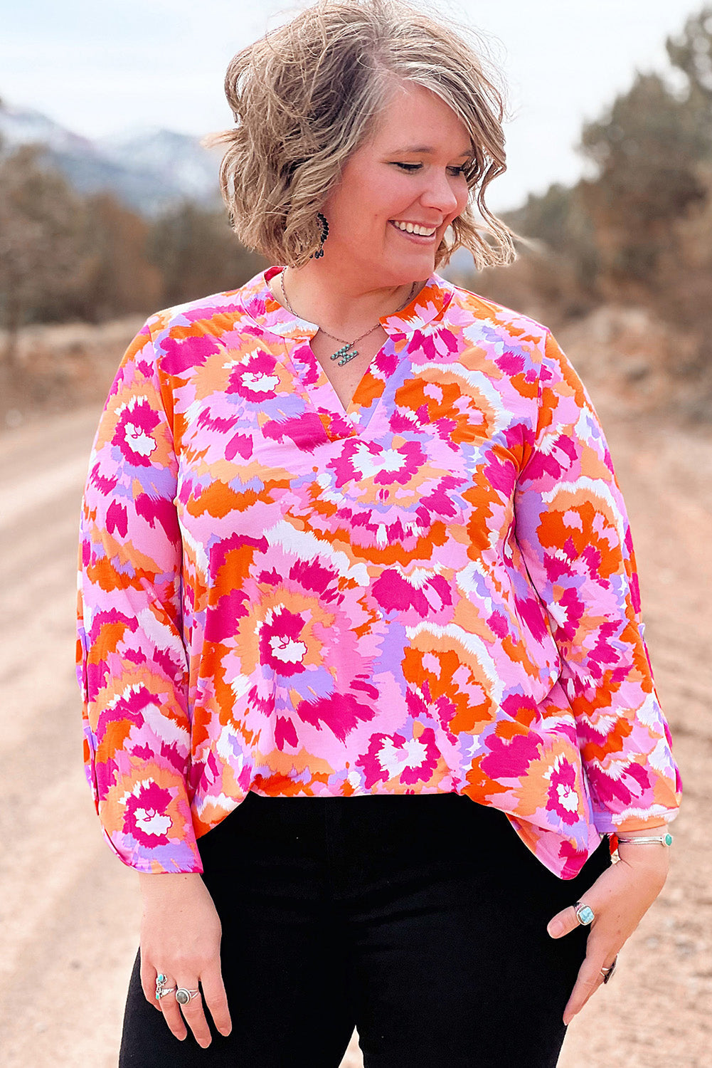 Pink Plus Size Abstract Floral Print V Neck Blouse