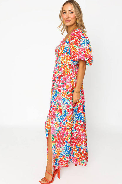 Rose Puff Sleeve Thigh High Split Floral Maxi Dress