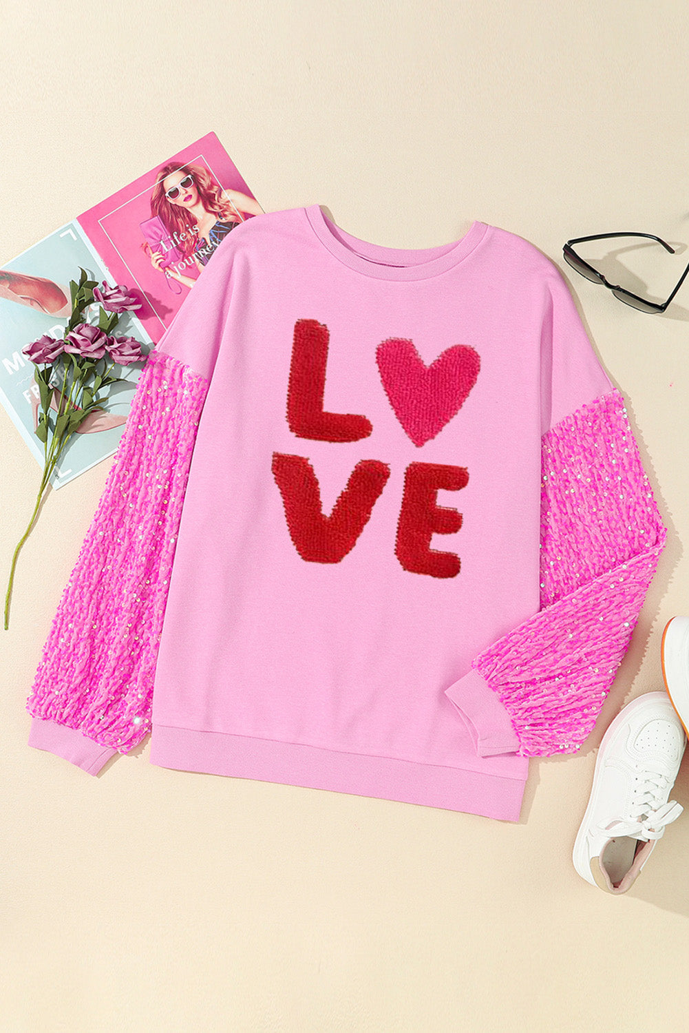 Pink Valentines LOVE Chenille Embroidered Sequin Sleeve Sweatshirt