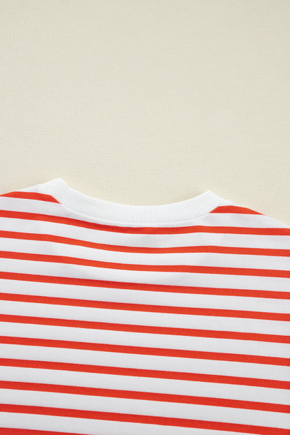 Orange Stripe Drop Shoulder Crew Neck Loose Sweatshirt