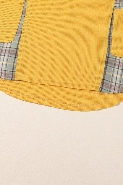 Yellow Waffle Knit Plaid Patchwork Pocketed Henley Hoodie