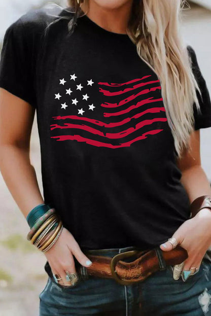 American Flag Print Black Crew Neck T-Shirt