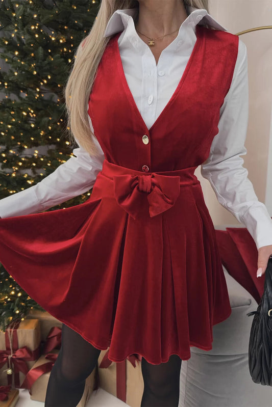 Red Dahlia Velvet Button V Neck Sleeveless Bow Decor Pleated Mini Dress