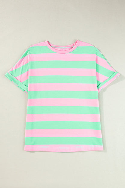 Pink Stripe Colorblock Cuffed Sleeve Loose Tee