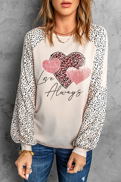 Khaki Love Always Heart Leopard Color Block Top