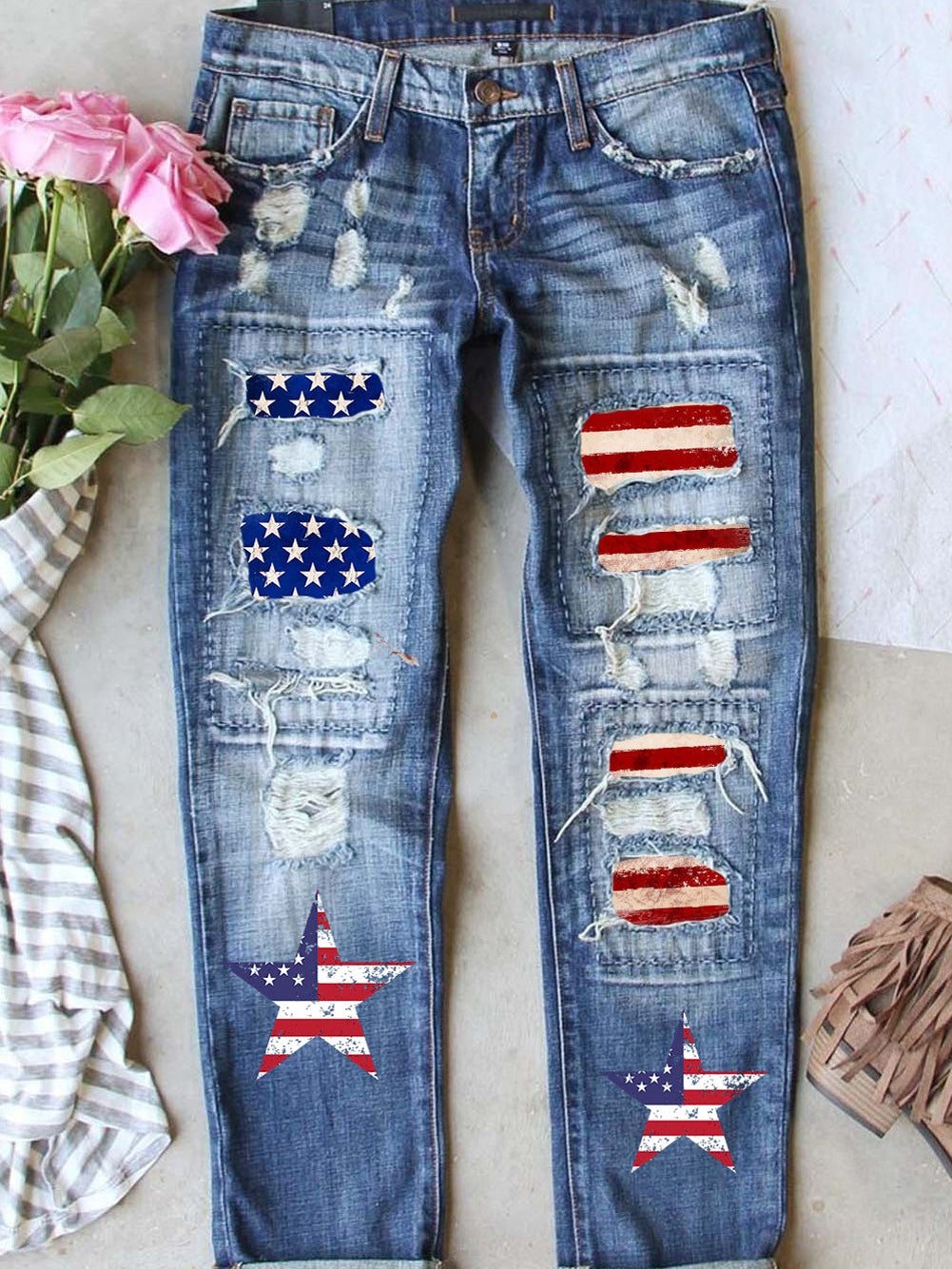 American Flag Graphic Patched Distressed Jeans in Sky Blue