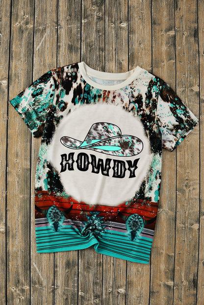 Green HOWDY Cowboy Hat Bleached Crew Neck T Shirt