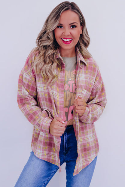 Pink Plaid Print Chest Pocket Long Sleeve Shacket