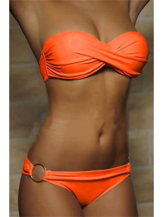 Women's Swimwear Bikini 2 Piece Normal Swimsuit 2 Piece Ruched Open Back Pure Color Green White Black Yellow Rosy Pink Padded Strapless Bathing Suits New Vacation Sexy / Modern / Padded Bras - LuckyFash™