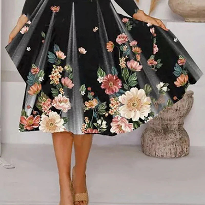 Women‘s Black Dress Cocktail Dress Casual Dress Dress Set Two Piece Dress Midi Dress Long Sleeve Floral Print Spring Fall Winter Crew Neck Fashion Winter Dress Vacation Fall Dress Loose Fit