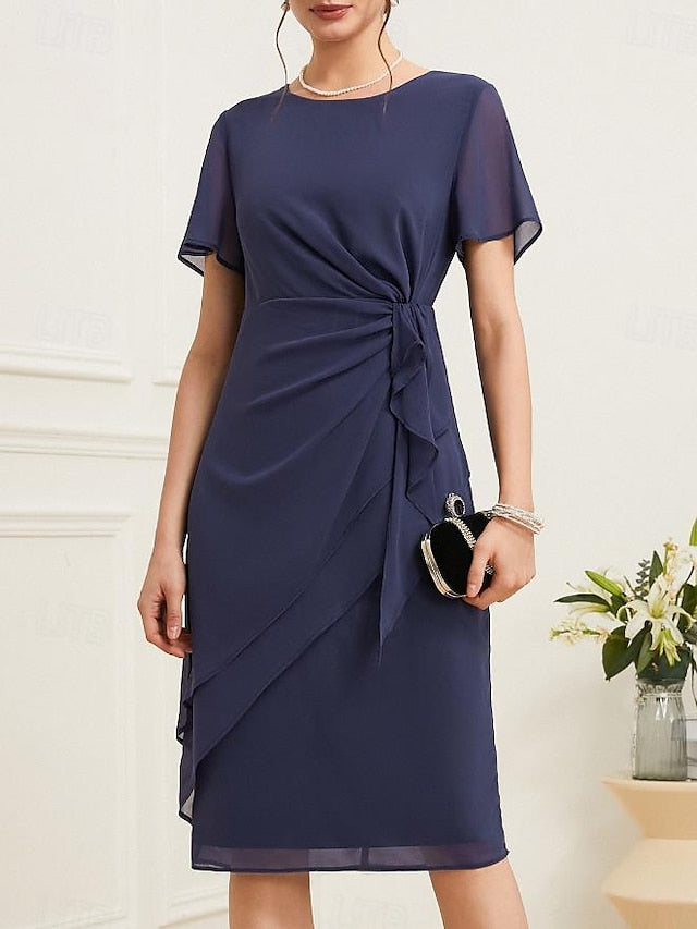 Women's Wrap Dress Layered Dress Elegant Dress Midi Dress Ruched Draped Elegant Sexy Crew Neck Sleeveless Dark Blue Color