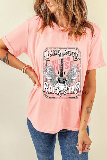 Pink Hard Rock Guitar Print Crew Neck T Shirt