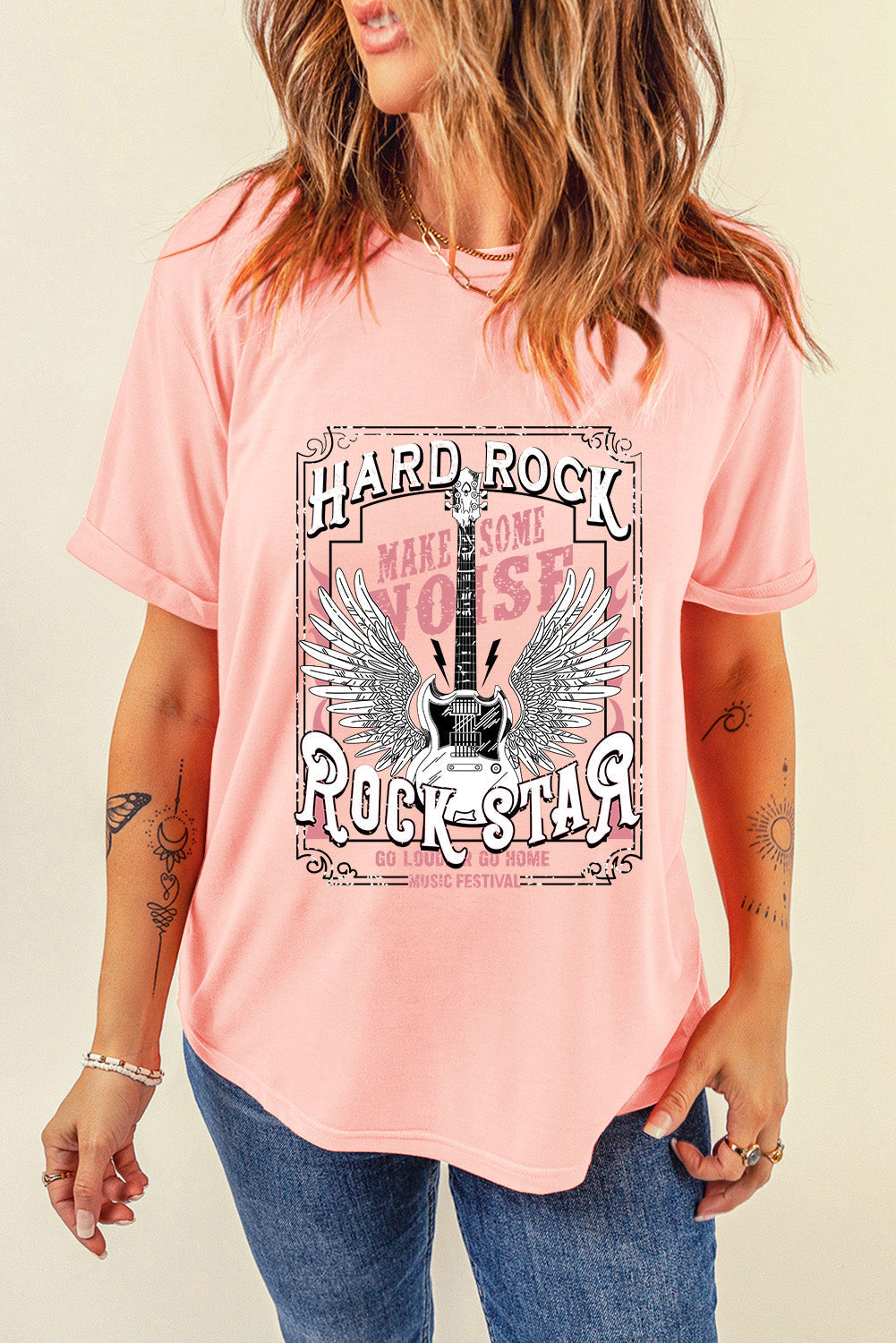 Pink Hard Rock Guitar Print Crew Neck T Shirt