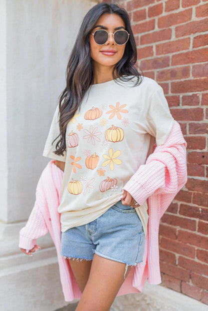 White Floral Pumpkin Graphic Crewneck Halloween T Shirt