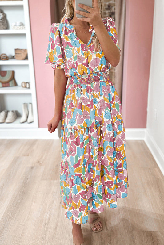 Pink Floral Short Sleeve Smocked Waist Maxi Dress