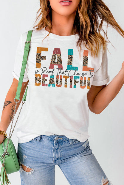 White FALL BEAUTIFUL Leopard Print Short Sleeve T Shirt