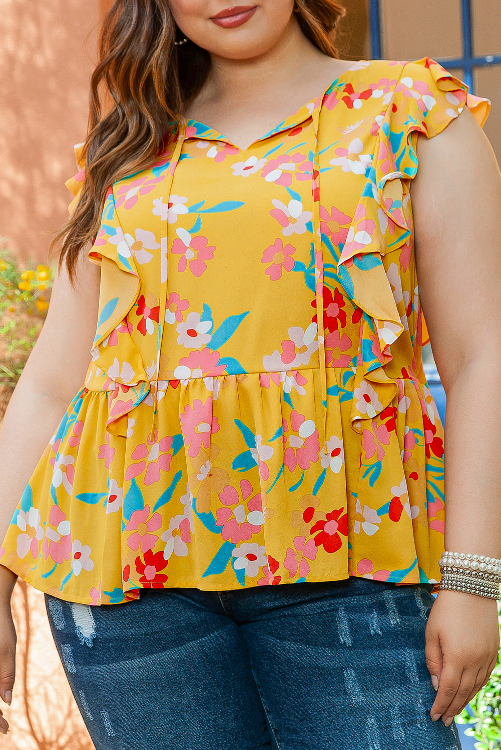 Yellow Plus Size Ruffle Trim Tie Neck Floral Peplum Tank Top