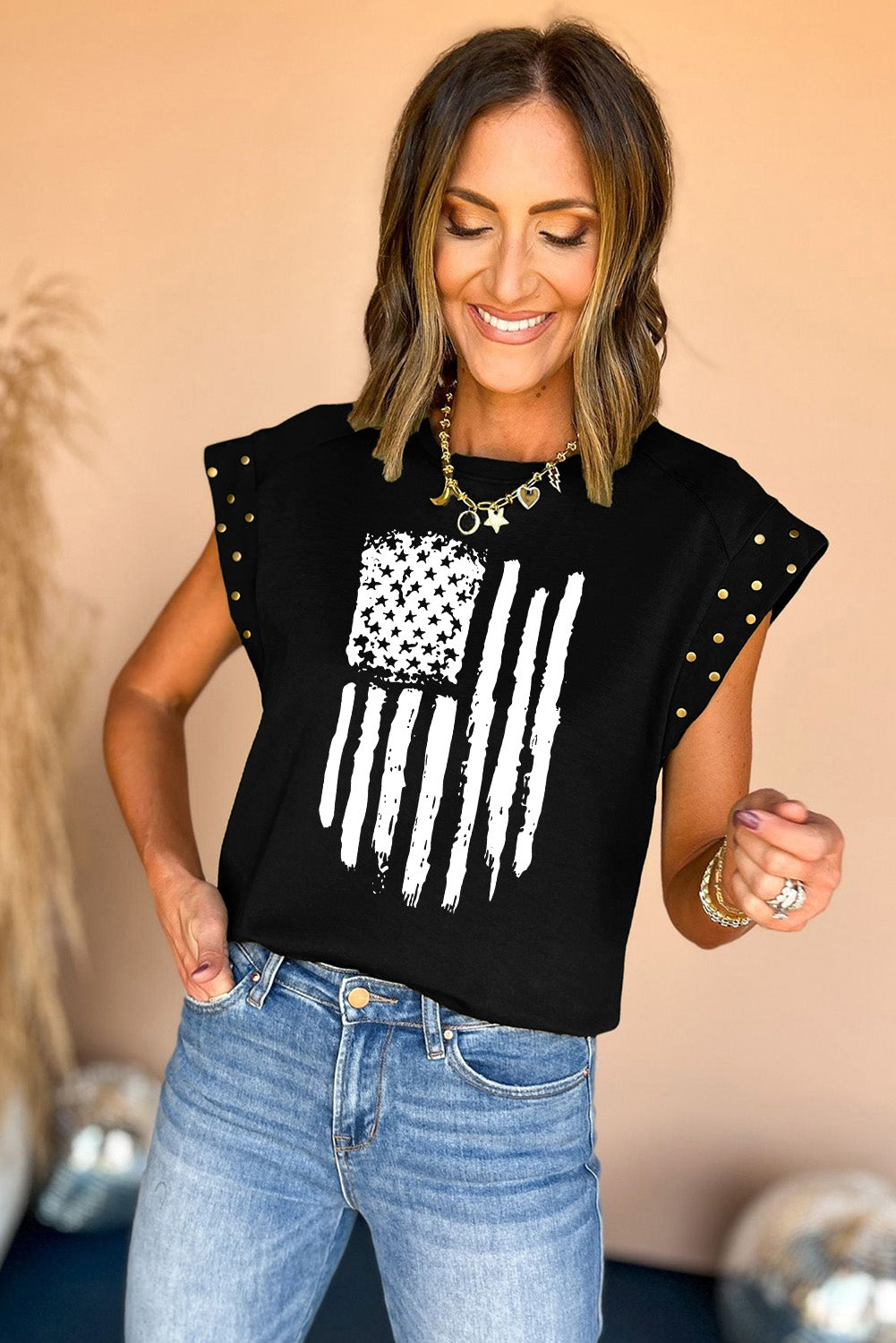 American Flag Embellished Cap Sleeve Tee in Black