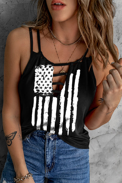 Black American Flag Print Cut Out Spaghetti Strap Tank Top