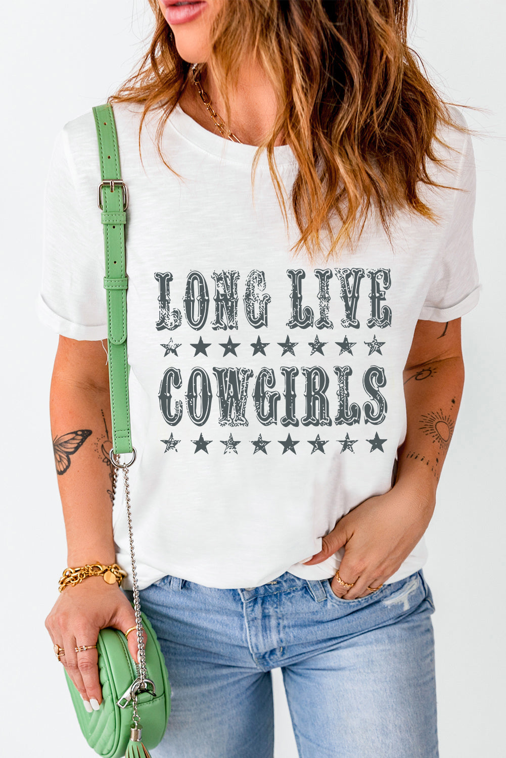 White LONG LIVE COWGIRLS Star Print Round Neck T Shirt