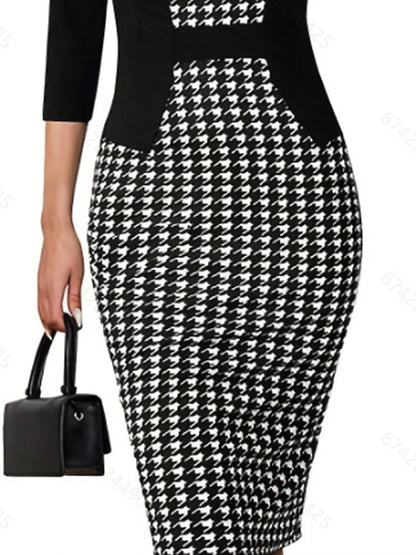 Women's Work Dress Semi Formal Dress Tunic Dress Fashion Winter Dress Office Midi Dress Print Square Neck 3/4 Length Sleeve Houndstooth Slim Black Spring Fall S M L XL