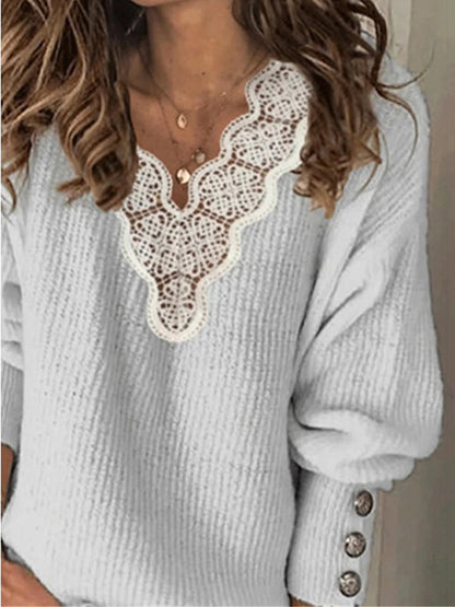 Women's Pullover Sweater Jumper V Neck Ribbed Knit Polyester Lace Trims Fall Winter Daily Going out Weekend Stylish Casual Soft Long Sleeve Solid Color Maillard White Blue S M L