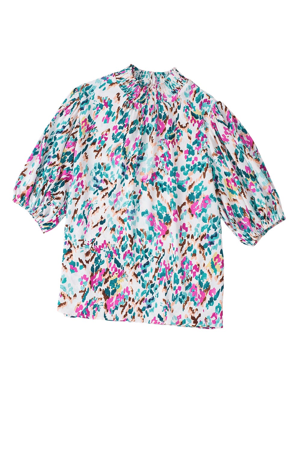 Abstract Artistry Puff Sleeve Blouse with Mock Neck