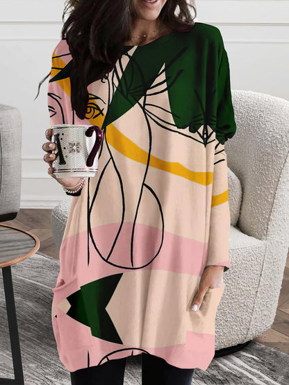 Abstract Face Print Pocket Long Sleeve Dress