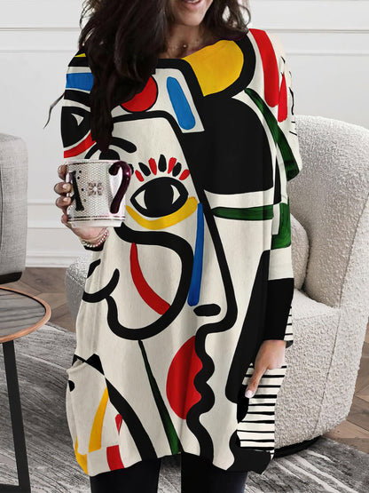 Abstract Face Print Pocket Long Sleeve Dress